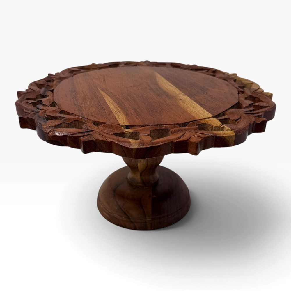 Vintage Carved Wood Pedestal Cake Stand Floral Openwork 13" Heavy Display